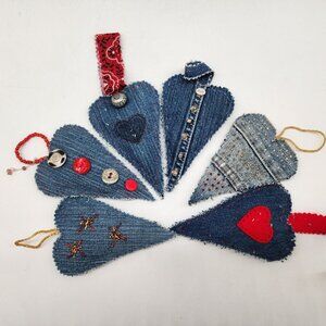 Handmade Denim Hanging Heart Ornaments Embellished Buttons Beads Embroidery G